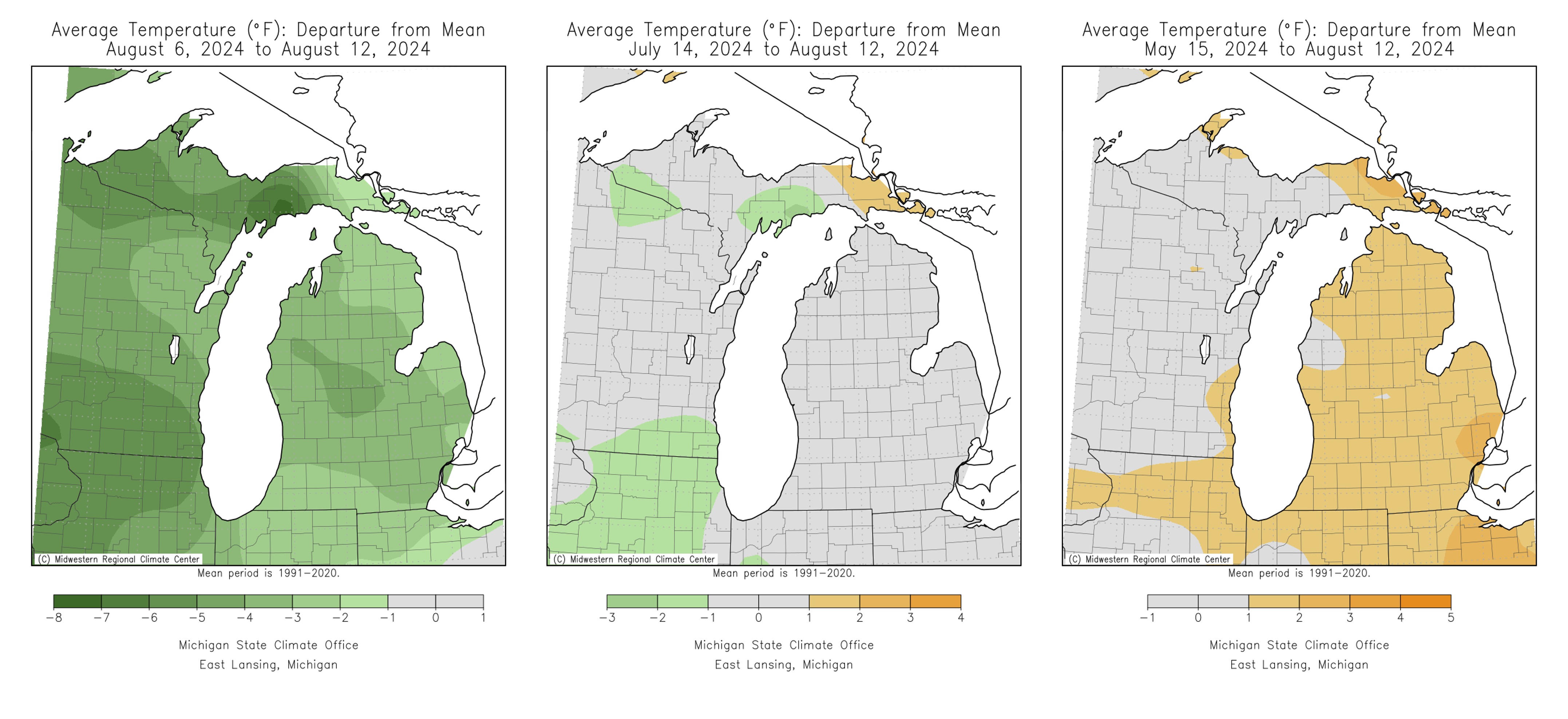 Maps of Michigan showing average temperatures.